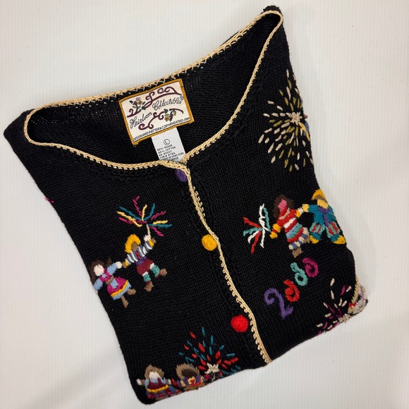Vintage Y2K Embroidered Cardigan Sweater L Black New Year's Eve Party Fireworks - Picture 12 of 13